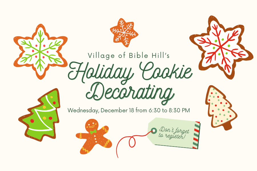 Cookie themed image noting: Holiday Cookie Decorating  - Wednesday December 18, 2024 from 6:30 PM to 8:30 PM