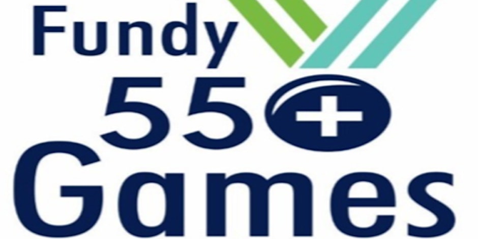 Fundy 55+ Senior Games in navy font, with a teal, green and navy medal in the top corner, on white background.